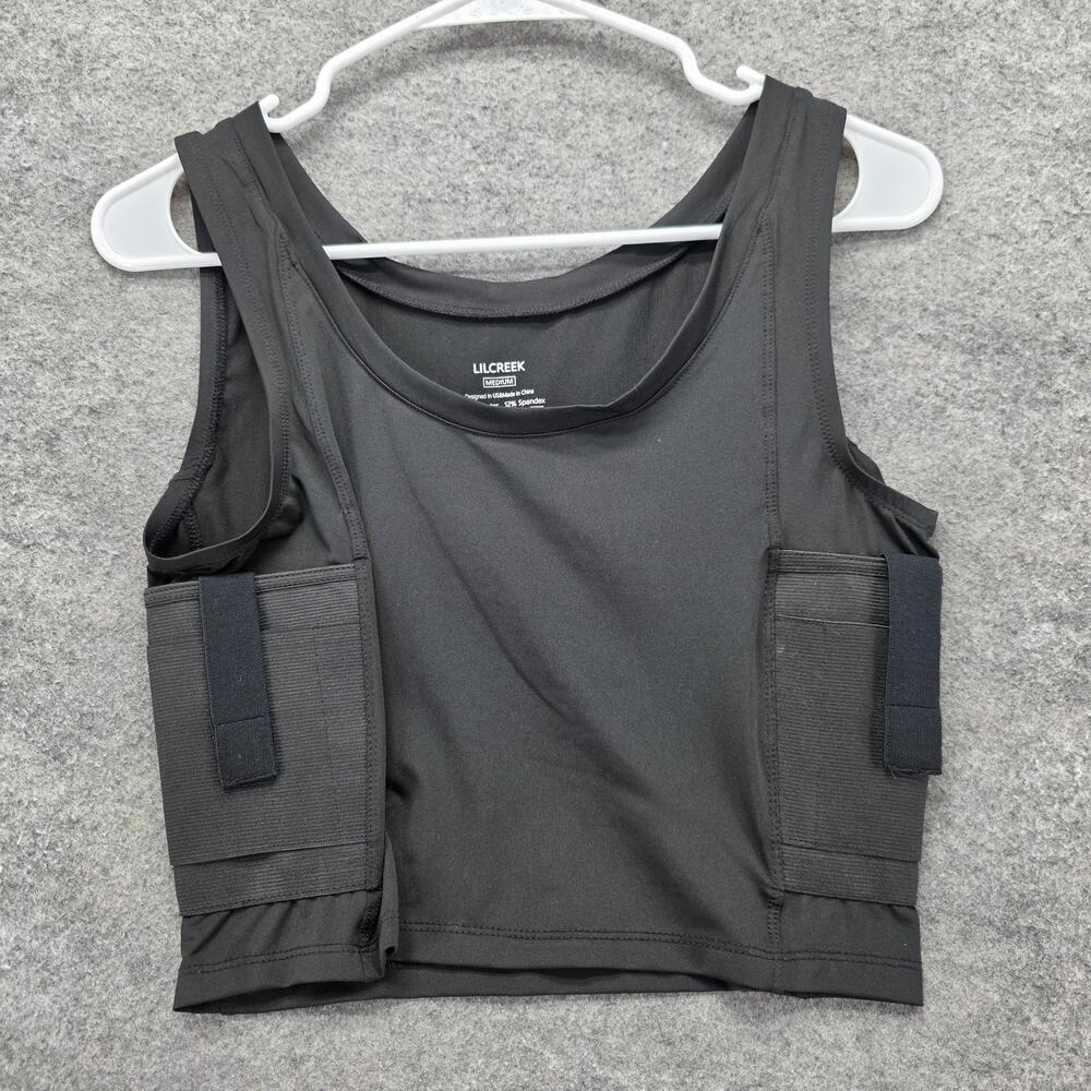 LILCREEK Tank Womens M Black Cropped Athletic Crew Neck Adjustable Pockets